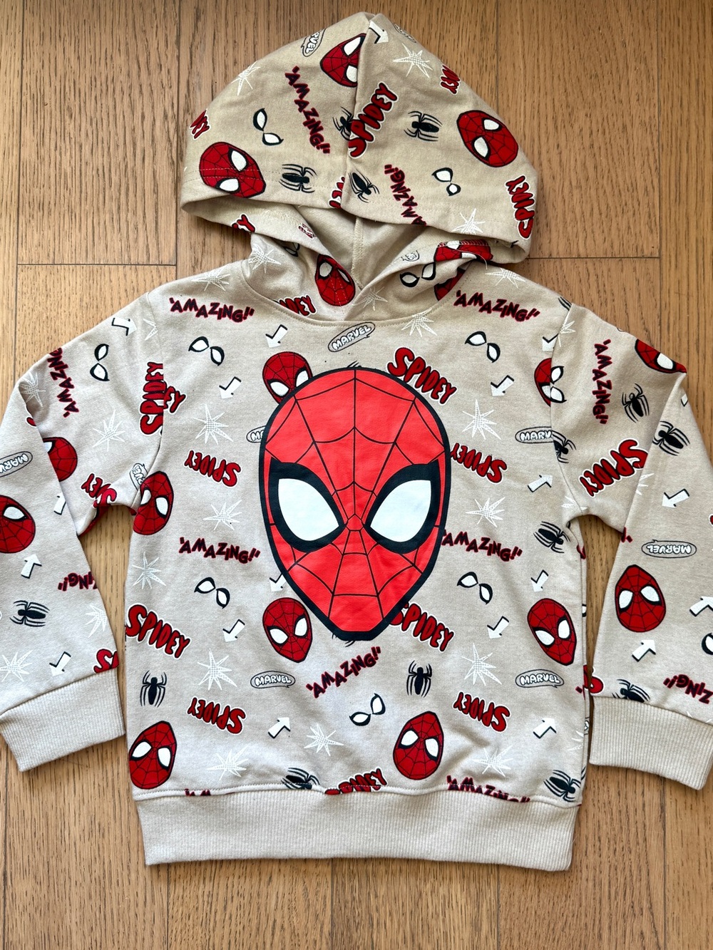Spider-Man Fleece Hoodie Toddler Boys Warm Beige - Size 5 NWT
